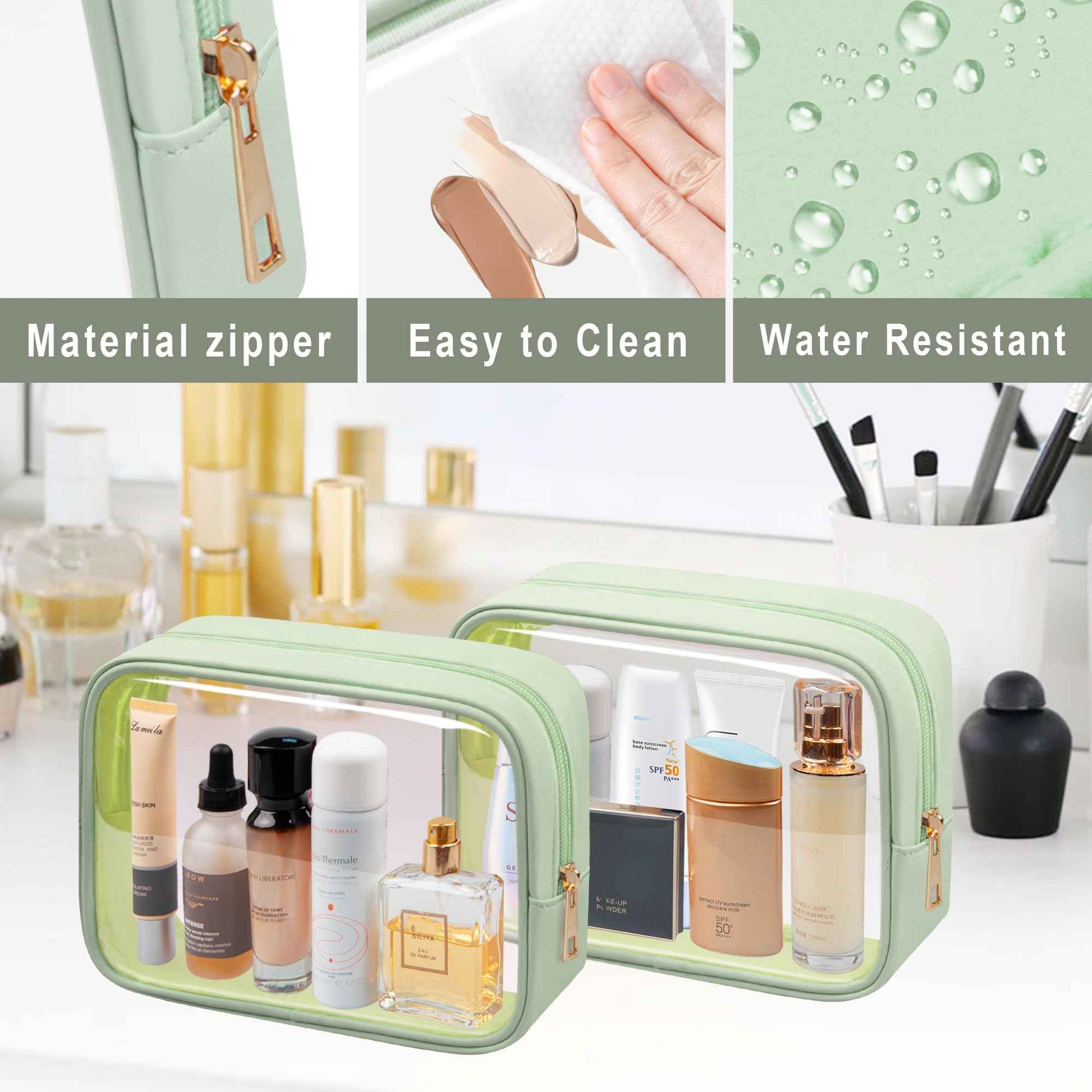 Ebbniur TSA Toiletry Bag Clear Makeup Bag Travel Essentials Cosmetic Bag for Men and Women Green 2Pcs