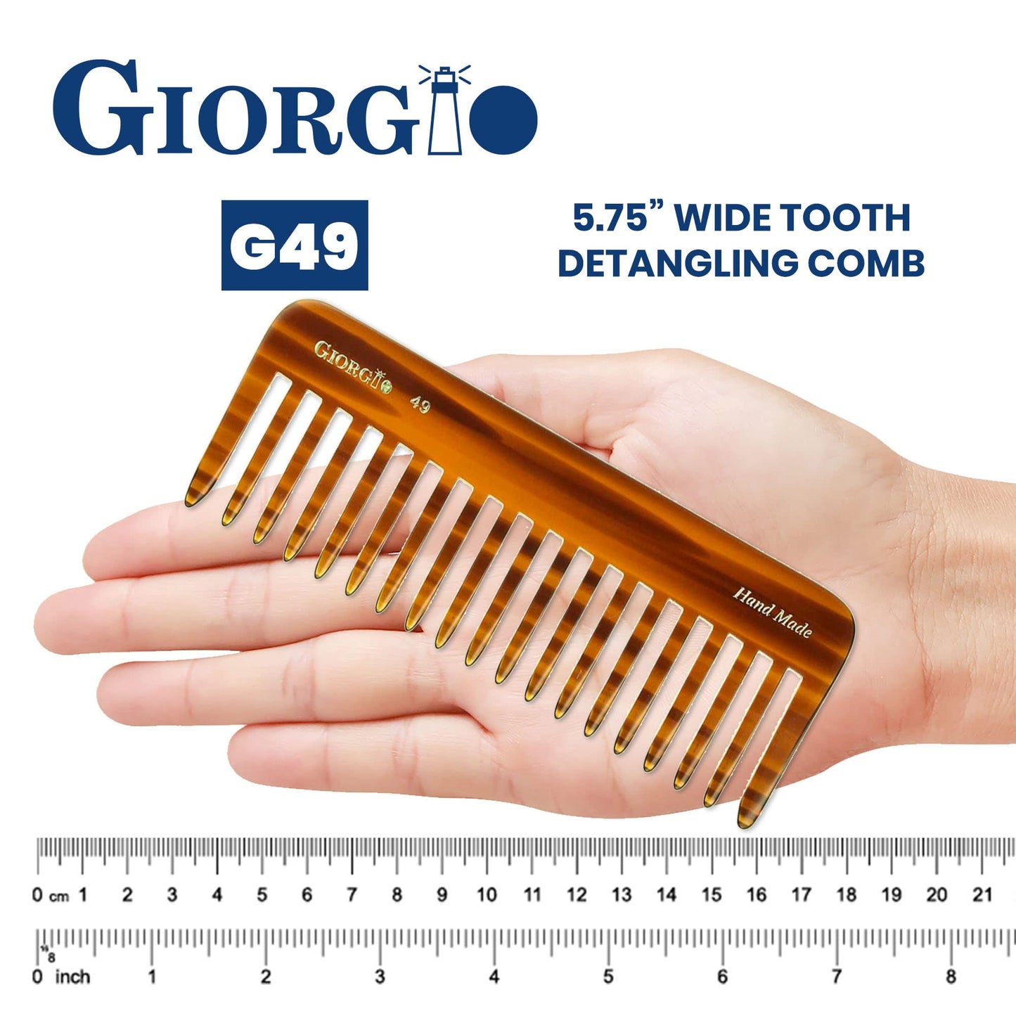 Giorgio G49 Large 5.75 Inch Hair Detangling Comb, Wide Teeth for Thick Curly Wavy Hair. Long Hair Detangler Comb For Wet and Dry. Handmade of Quality Cellulose, Saw-Cut, Hand Polished, Tortoise Shell