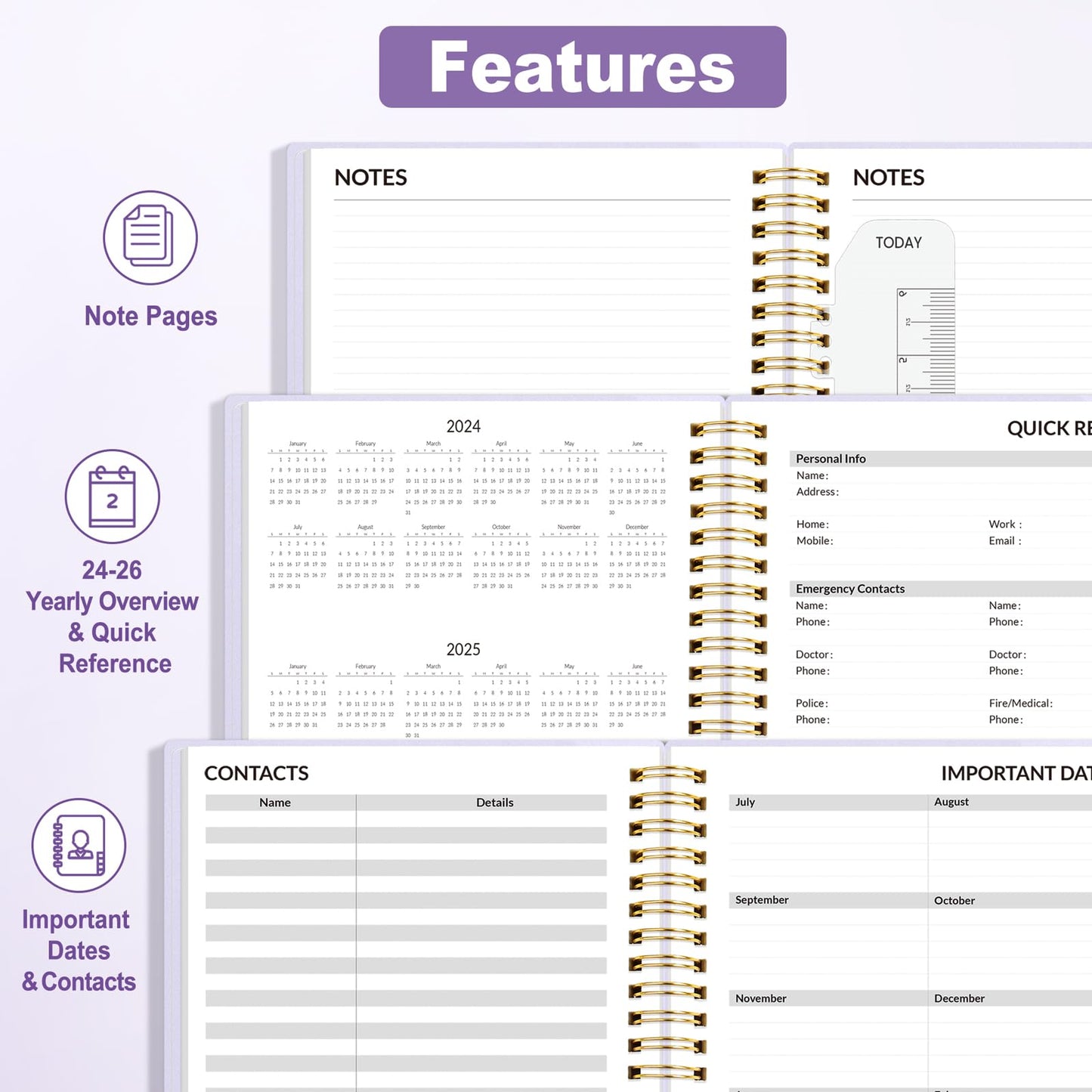 SUNEE Academic Planner 2024-2025 Weekly and Monthly - from August 2024 - December 2025, 6.4"x8.3" School Year Calendar Daily Planner with Monthly Tab, Flexible Cover, Note Pages, Pockets, Bookmark, Spiral Binding, Purple