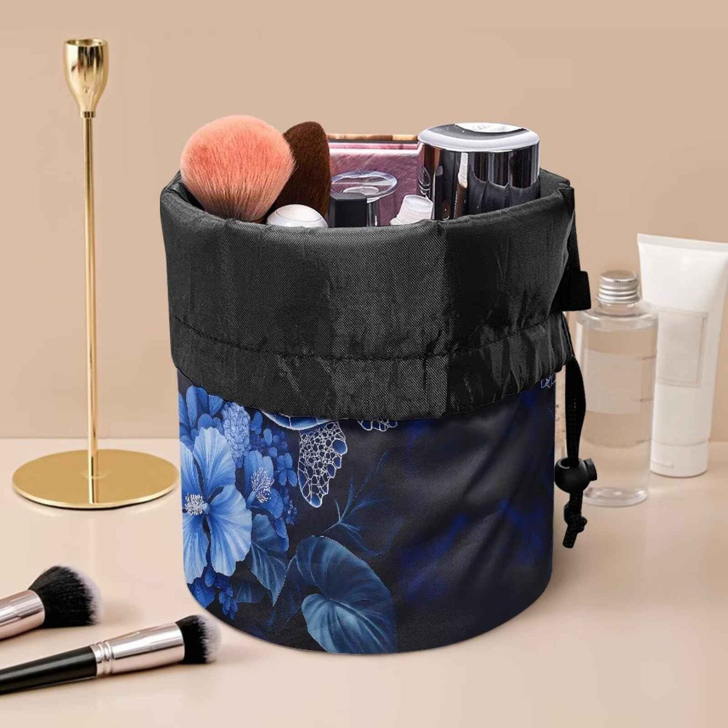 Poceacles Sea Turtle Flower Blue Makeup Bag for Women, Foldable Portable Storage Bag Drawstring Cosmetic Bags Barrel Toiletry Case Organizer Travel Accessories Bag