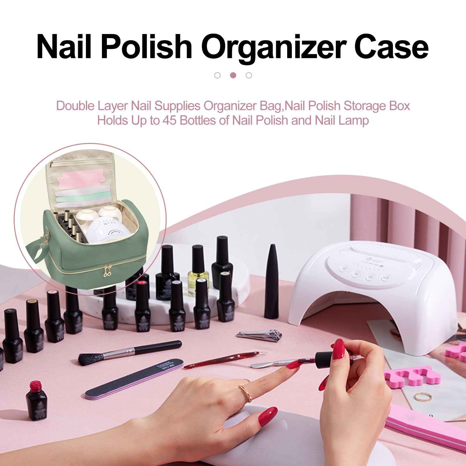 SXS LACONIC Nail Polish Organizer Case,Double Layer Nail Supplies Organizer Bag Storage Box Holds Up to 45 Bottles of Nail Polish and Nail Lamp