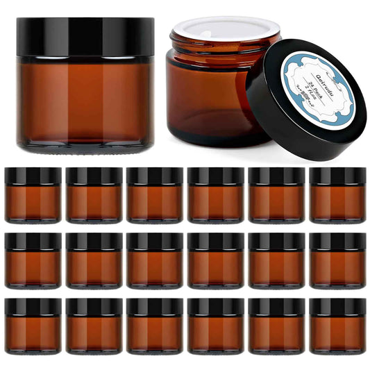 Qeirudu 2 Oz Small Amber Glass Jars with Black Lids, 24 Pack Airtight Cosmetic Jars with Inner Liners Round Empty Sample Containers for Lotions, Creams, Candles, Body Butters, Essential oil