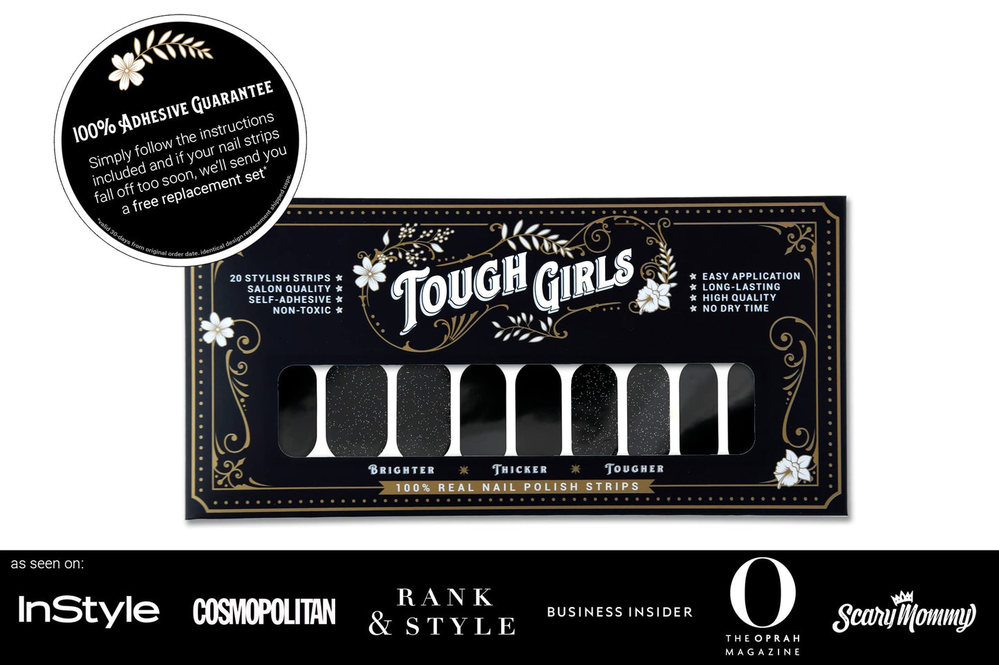 TOUGH GIRLS | 20 Exquisite Gel Nail Polish Strips w/Application Accessories - No UV/LED Lamp Required (Black & Silver Mist)