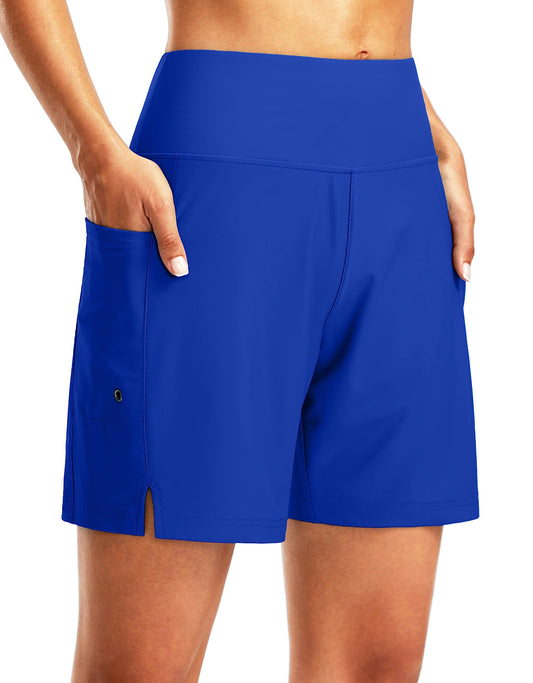 G Gradual Women's 7" Long Swim Board Shorts High Waisted Quick Dry Beach Swimming Shorts for Women with Liner Pockets(Blue,S)