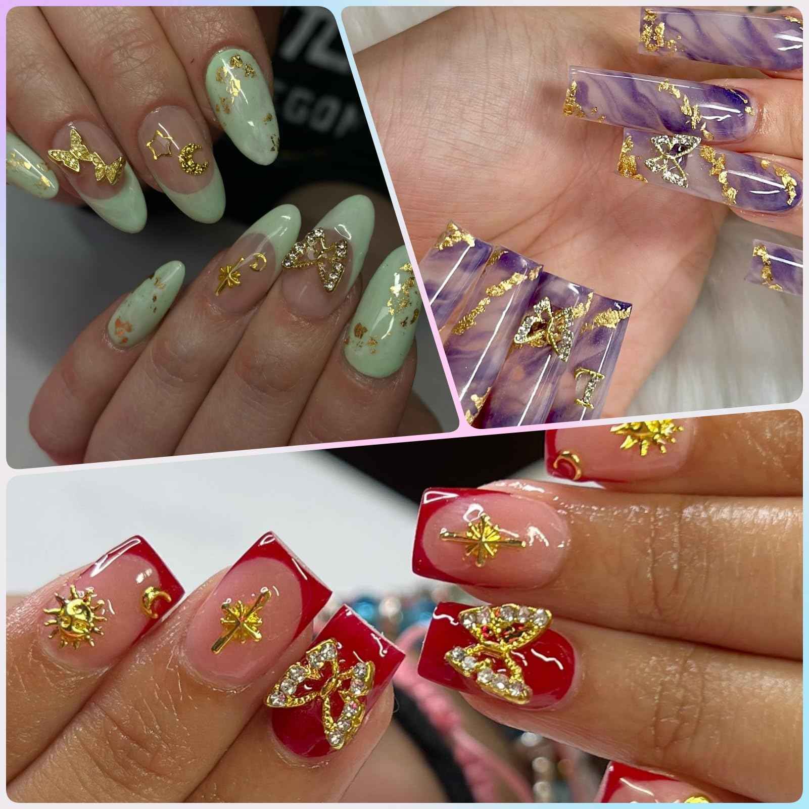 OPMADM 100Pcs Gold Nail Charms and Gems Charms for Nails Design Gold Charms for Nails Metal Bow Cherry Butterfly Cross Heart Star and Flowers