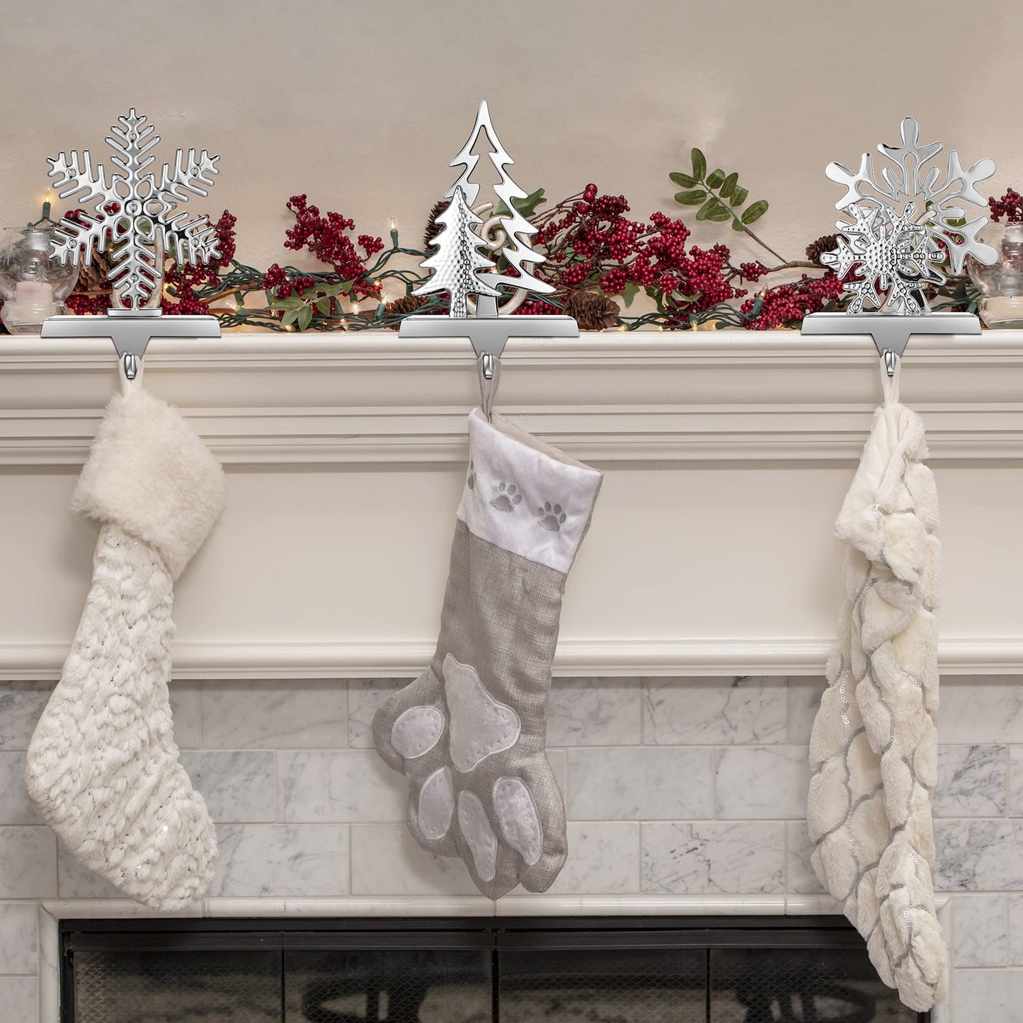 6 Pieces Snowflake Stocking Holder Christmas Stocking Holders Elk Santa Claus Silver Metal Stocking Hanger Mantle Hooks for Mantel Fireplace Christmas Party and Home Decoration (Snowman)