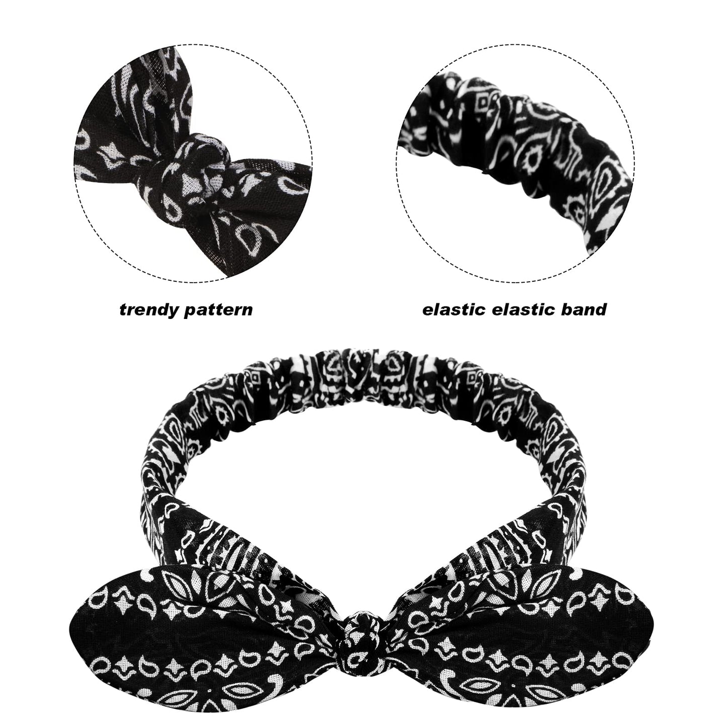 2 Pieces Bandana Headband for Women, Knot Retro Print Headbands Paisley Print Headband Headwrap Adjustable Headwrap(Black)