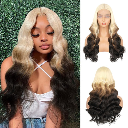 Aminow Long Blonde Wavy Wig for Women Brown Mix Blonde Synthetic Lace Front Wig Ombre Blonde Colored Wigs for Cosplay Daily Party Use (Brown Mix Blonde, 22 Inch)