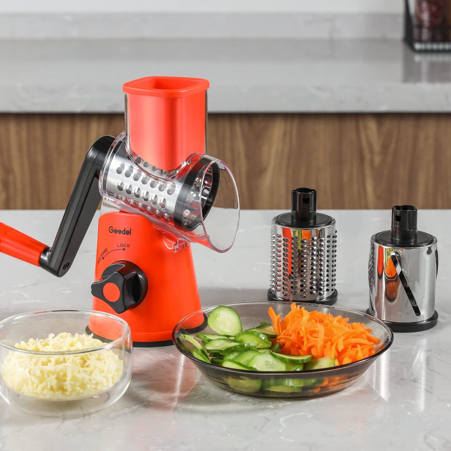 Geedel Rotary Cheese Grater, Kitchen Mandoline Vegetable Slicer with 3 Interchangeable Blades, Easy to Clean Rotary Grater Slicer for Fruit, Vegetables, Nuts