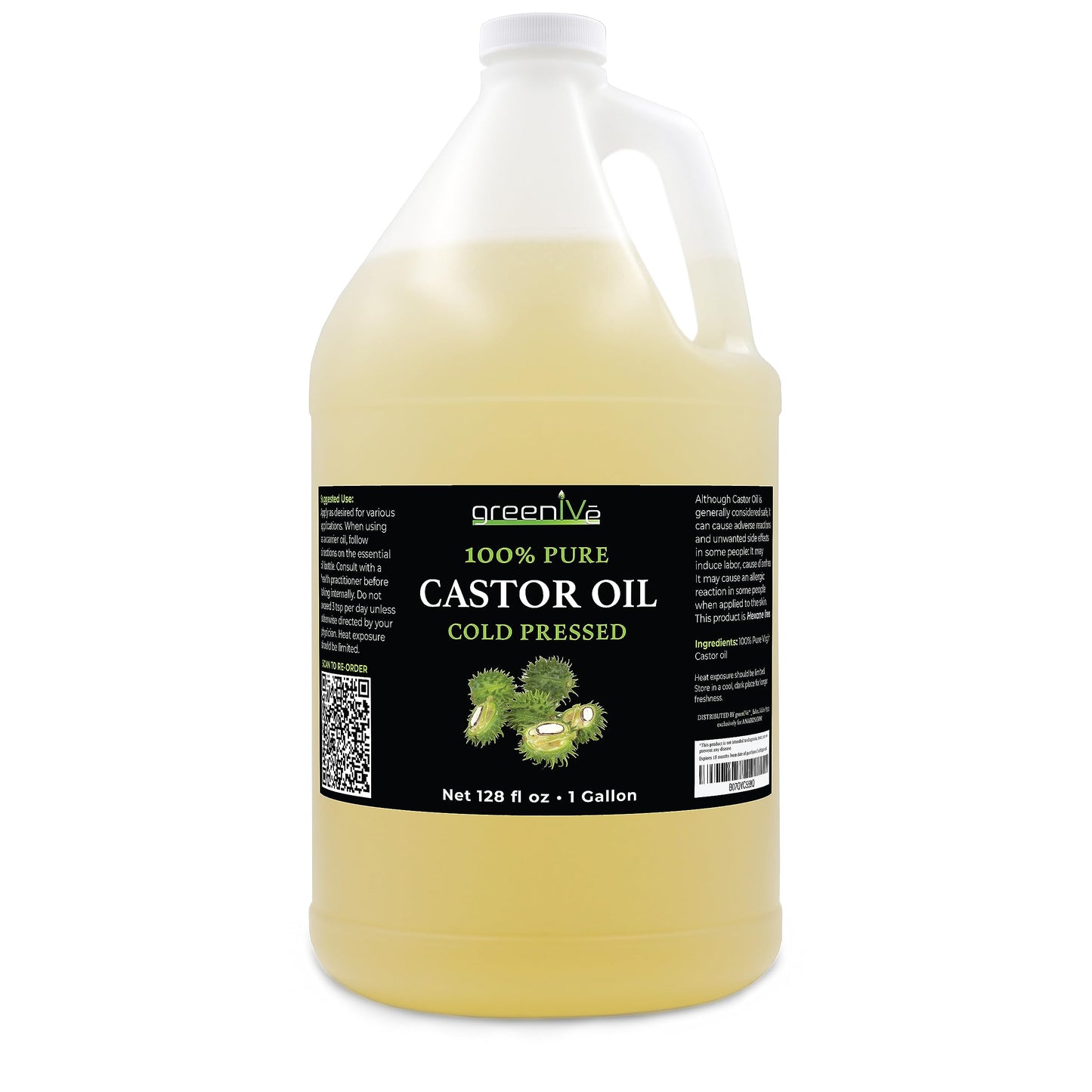 GreenIVe Castor Oil Organically Grown 100% Pure 128oz (1 Gallon) Bottle Cold Pressed, Hexane Free, Eyelash and Eybrow Growth Serum, Skin Moisturizer Detox and Wraps