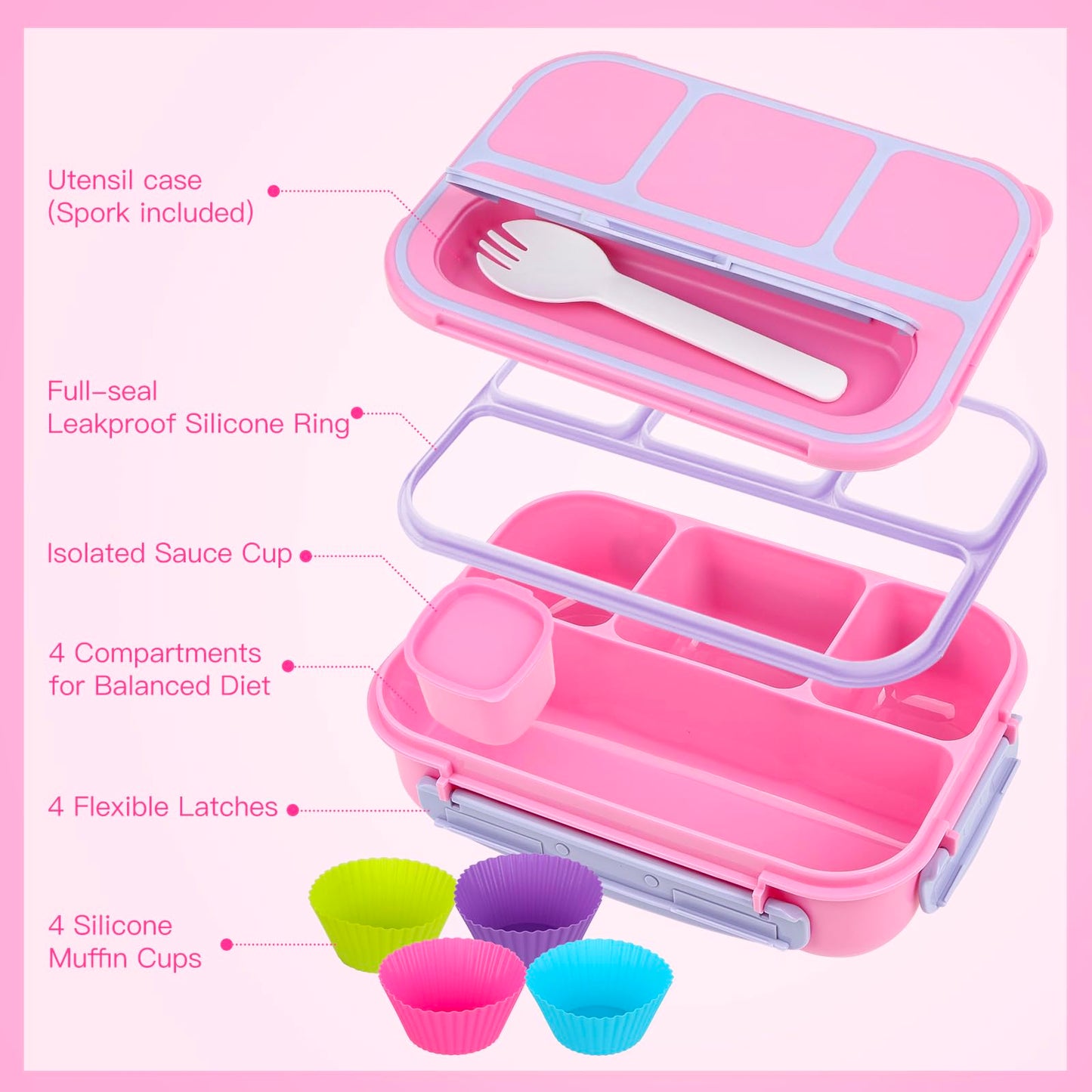 MaMix Bento Lunch Box Adult Lunch Box, Bento Box for Kids, Lunch Containers for Adults/Kids/Students,1300ML-4 Compartment Lunch Box Kids (Purple)