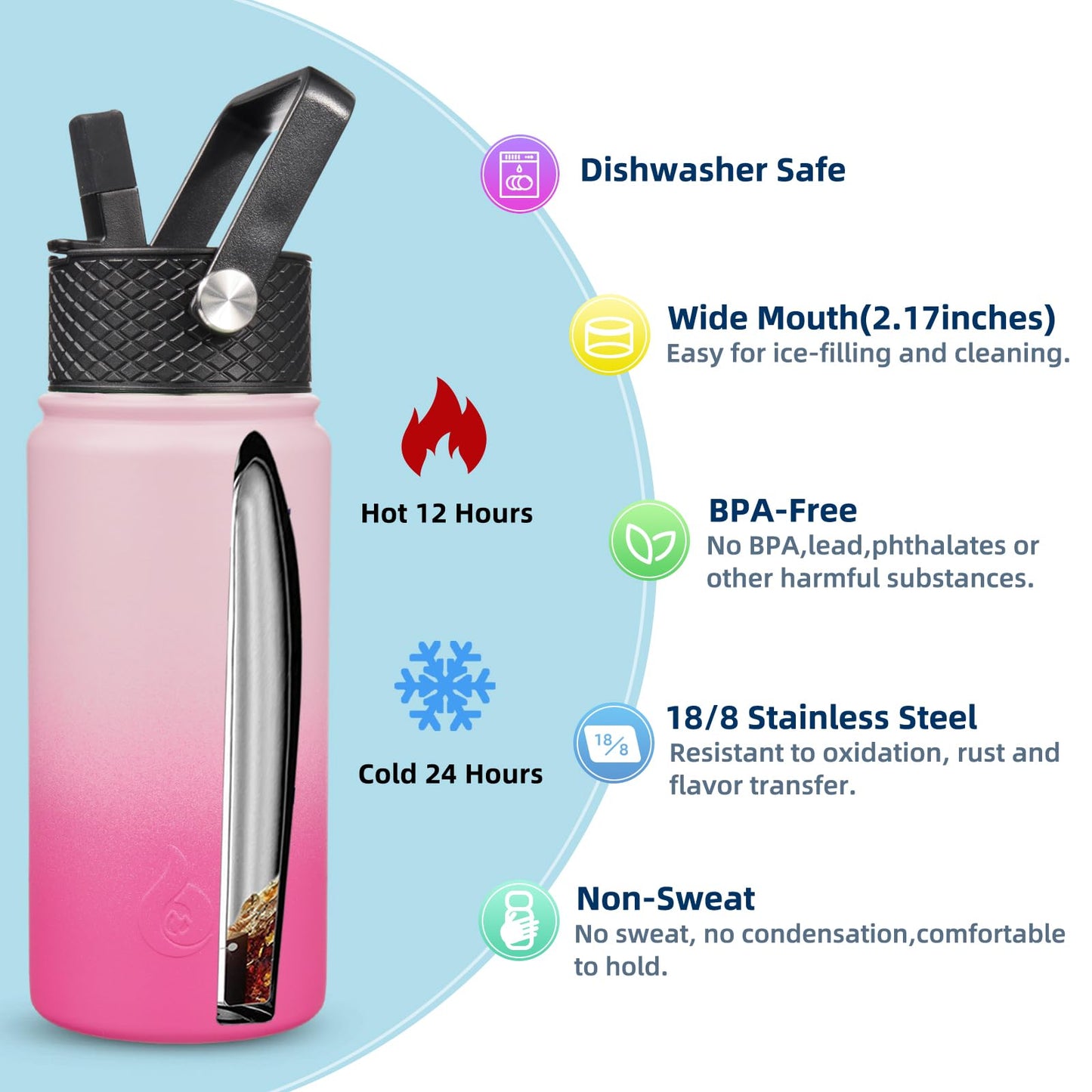 BJPKPK Insulated Water Bottles with Straw Lid, 18oz Stainless Steel Metal Water Bottle, Cold & Hot Water Bottle with 3 Lids, Leak Proof BPA Free Travel Cup, Wide Mouth Flasks, Thermos -Cherry