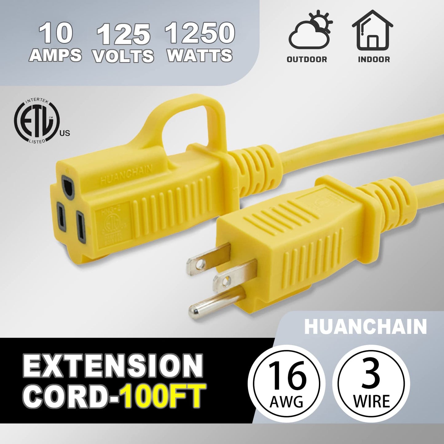 HUANCHAIN Outdoor Extension Cord 100 ft Waterproof, 16/3 Gauge Flexible Cold-Resistant Appliance Extension Cord Outside, 10A 1250W 16AWG SJTW, 3 Prong Heavy Duty Electric Cord Yellow, ETL