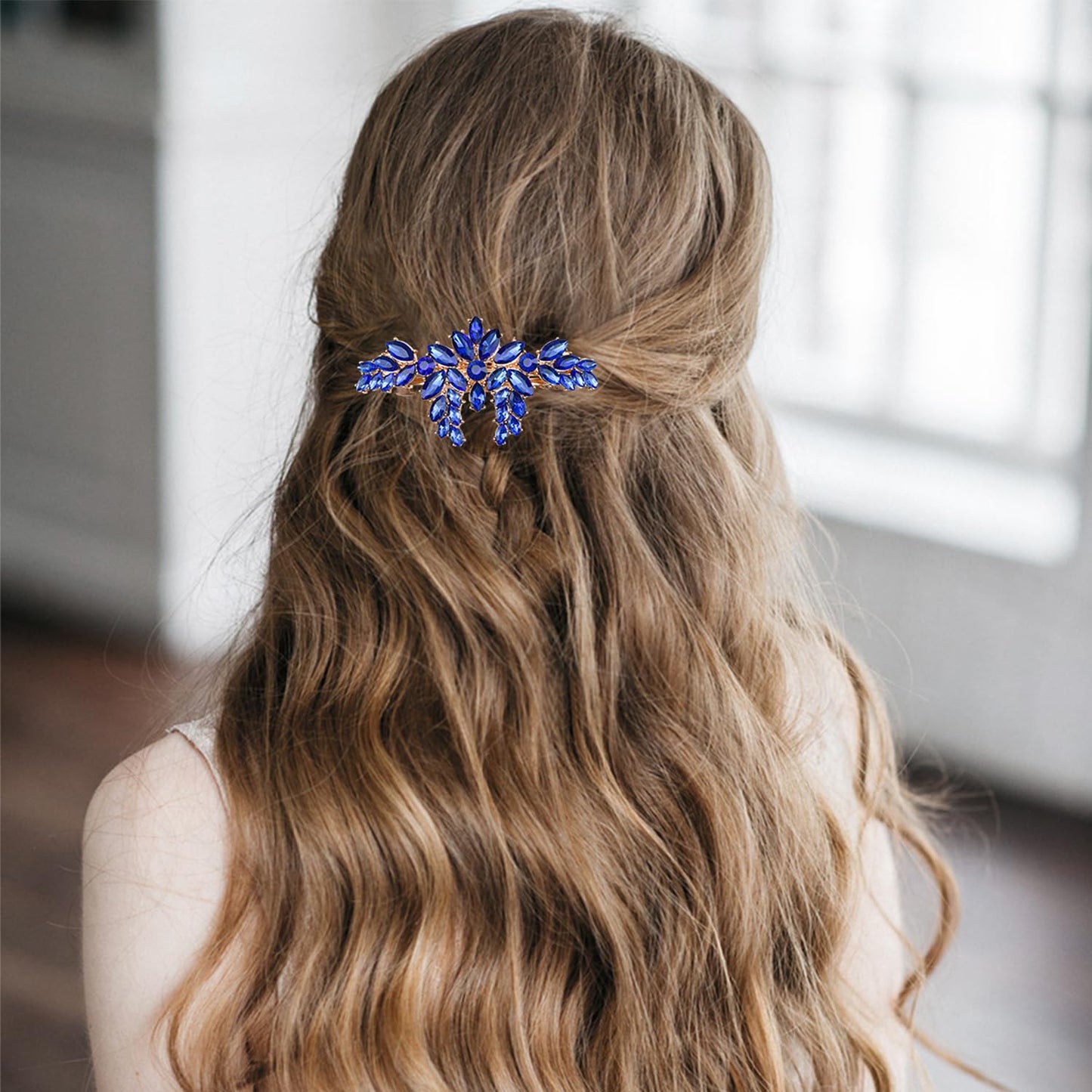 Vintage Austrian Hair Barrettes, Navy Blue Rhinestone Hair Clips, Sparkly Glitter Crystal Hairgrip Wedding Hair Headwear Accessories for Women Girls Bridal