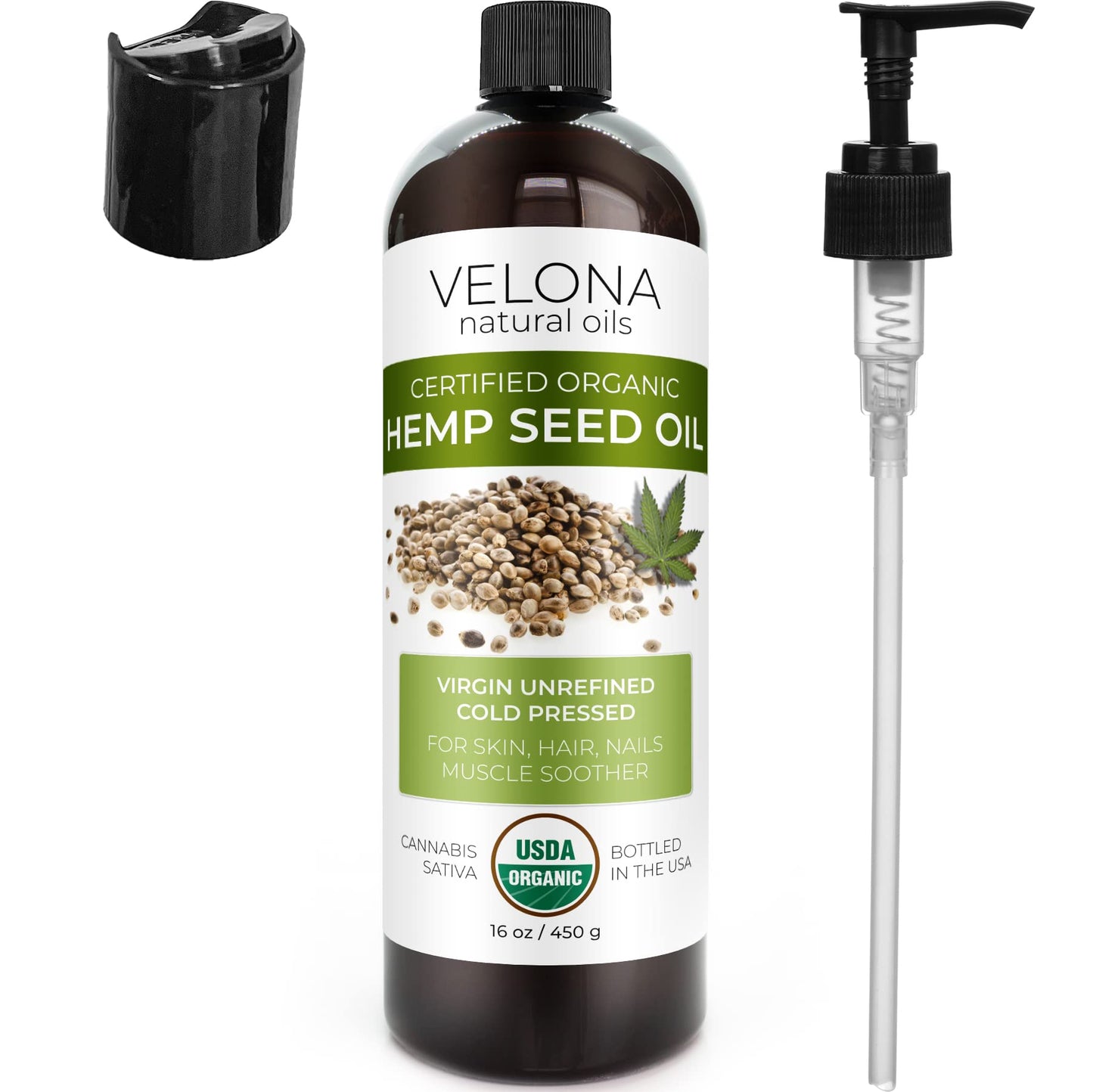 velona Hemp Seed Oil USDA Certified Organic - 16 fl oz | 100% Pure and Natural Carrier Oil | Unrefined, Cold Pressed | Hair, Body, Face & Skin Care | Use Today - Enjoy Results