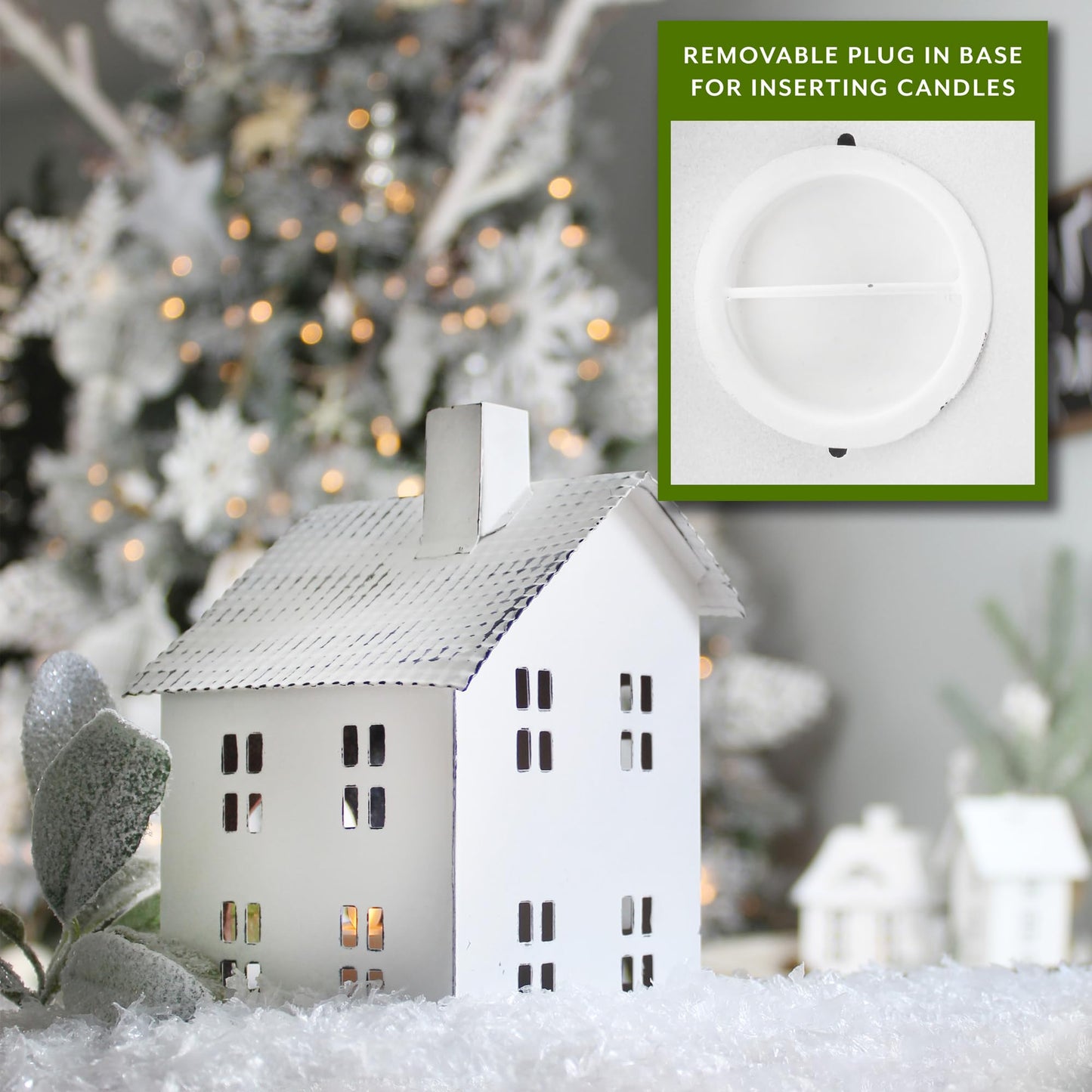 AuldHome Farmhouse Decor Tin Houses (Set of 3, White); Candle Lantern Decorative Holiday Christmas Village Display or Votive Holder