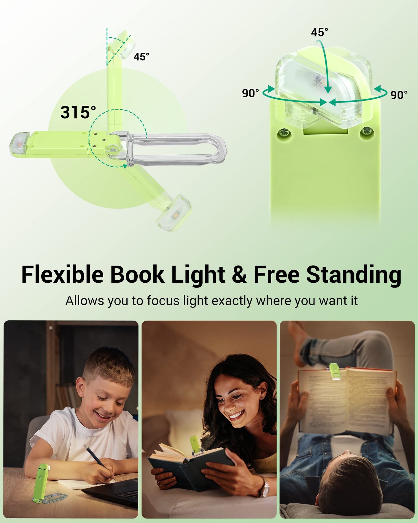 DEWENWILS USB Rechargeable Book Reading Light with Clip, LED Clip on Book Light for Reading at Night, Flexible Booklight for Kids, Warm White, Brightness Adjustable for Eye Protection (Green)