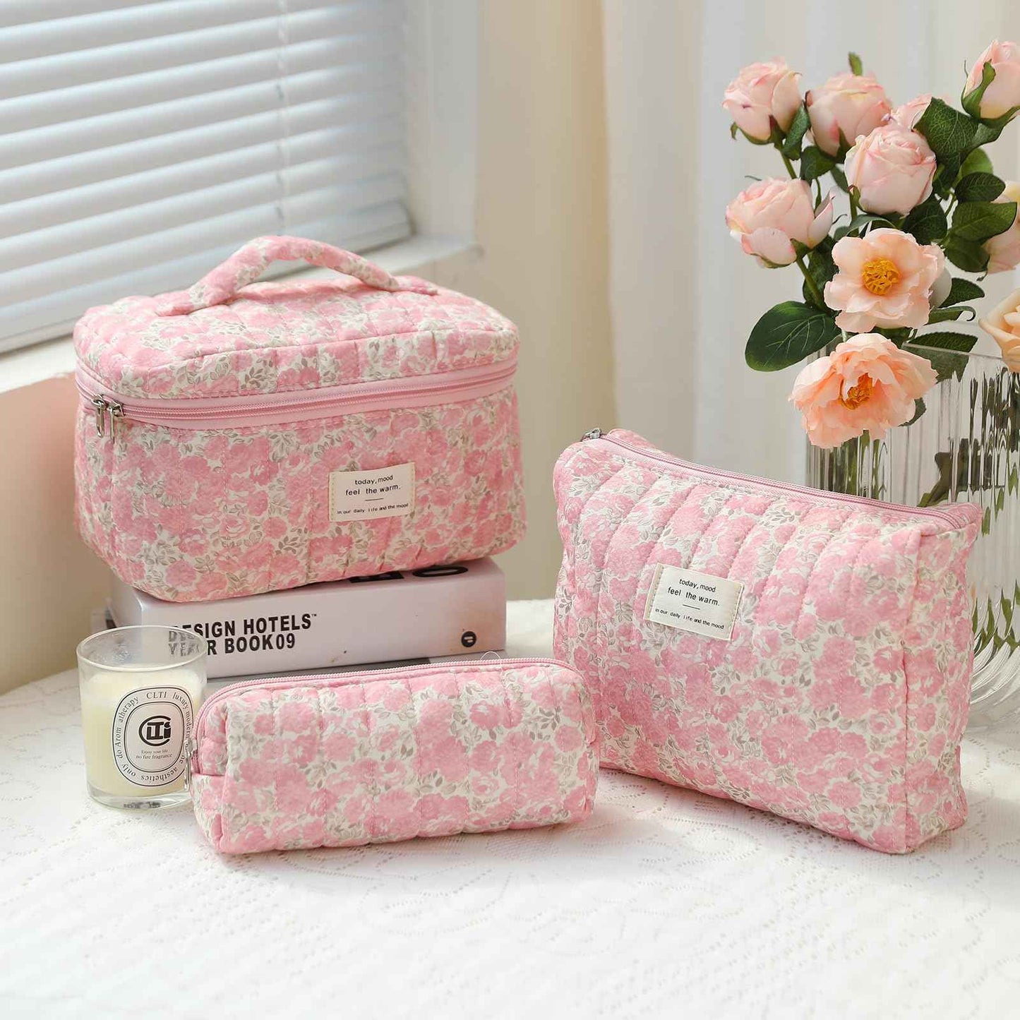 GISMTR 3Pcs Makeup Bag Cotton Quilted Travel Cosmetic Bag Cute Floral Makeup Pouch Large Toiletry Bag for Women Girls (Flowers-Pink3)