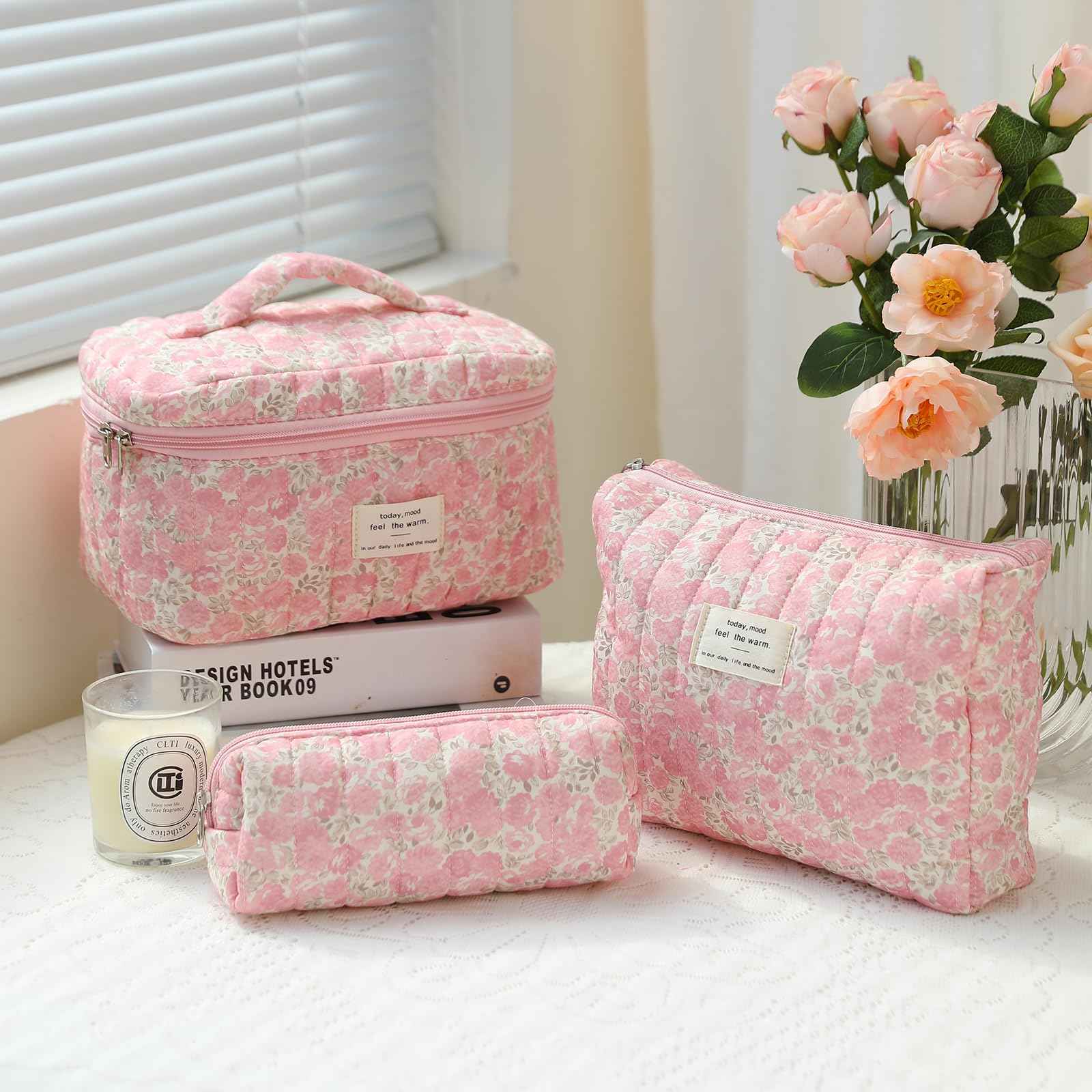 GISMTR 3Pcs Makeup Bag Cotton Quilted Travel Cosmetic Bag Cute Floral Makeup Pouch Large Toiletry Bag for Women Girls (Flowers-Pink3)