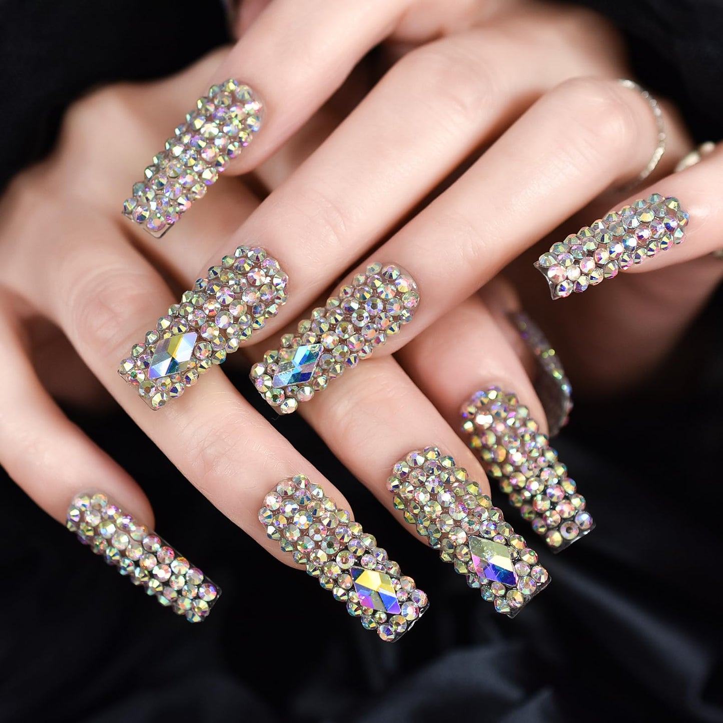 Shiny 3D Crystal Rhinestones Press on Nails, Coolnail Long Square Holo Diamond Handmade Jewelry Fake Nails With Glue Sticker, Gems Full Cover Glue on Nails, Luxe Nails for Party Women & Girl