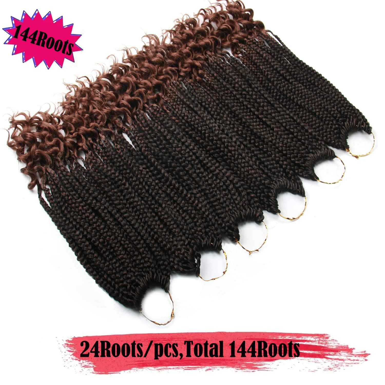 14 Inch 144 Roots/pack Box Braid Crochet Hair Black Box Braids Hair Curly Ends Ombre Brown Curly Wave Goddess Braids Crochet Hair 24 Strands/pcs Braiding Hair Extensions (14inch, 1B/30#)