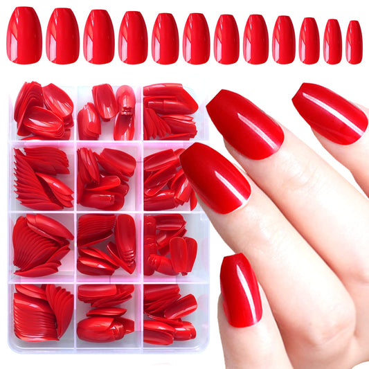 LoveOurHome 240pc Coffin Press on Nails Medium Length, Full Cover Short Ballerina Red Fake Nail Colored Artificial False Fingernail Acrylic Presson Tips with Glue Ahdesive Tabs for Women Girls