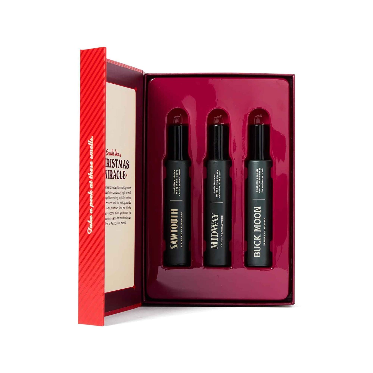 Duke Cannon Merry Little Sniffmas Giftset - travel-sized trio of Duke Cannon Proper Cologne® - Holiday Cologne Gift Set - eau de parfum - Sawtooth, Buck Moon, Midway