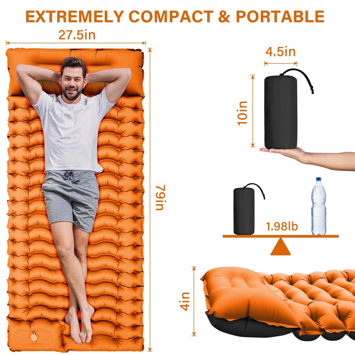 Camping Sleeping Pad, Ultralight Camping Pad with Pillow, Built-in Foot Pump Inflatable Sleeping Pad, Compact Size for Camping, Backpacking, Hiking - Orange