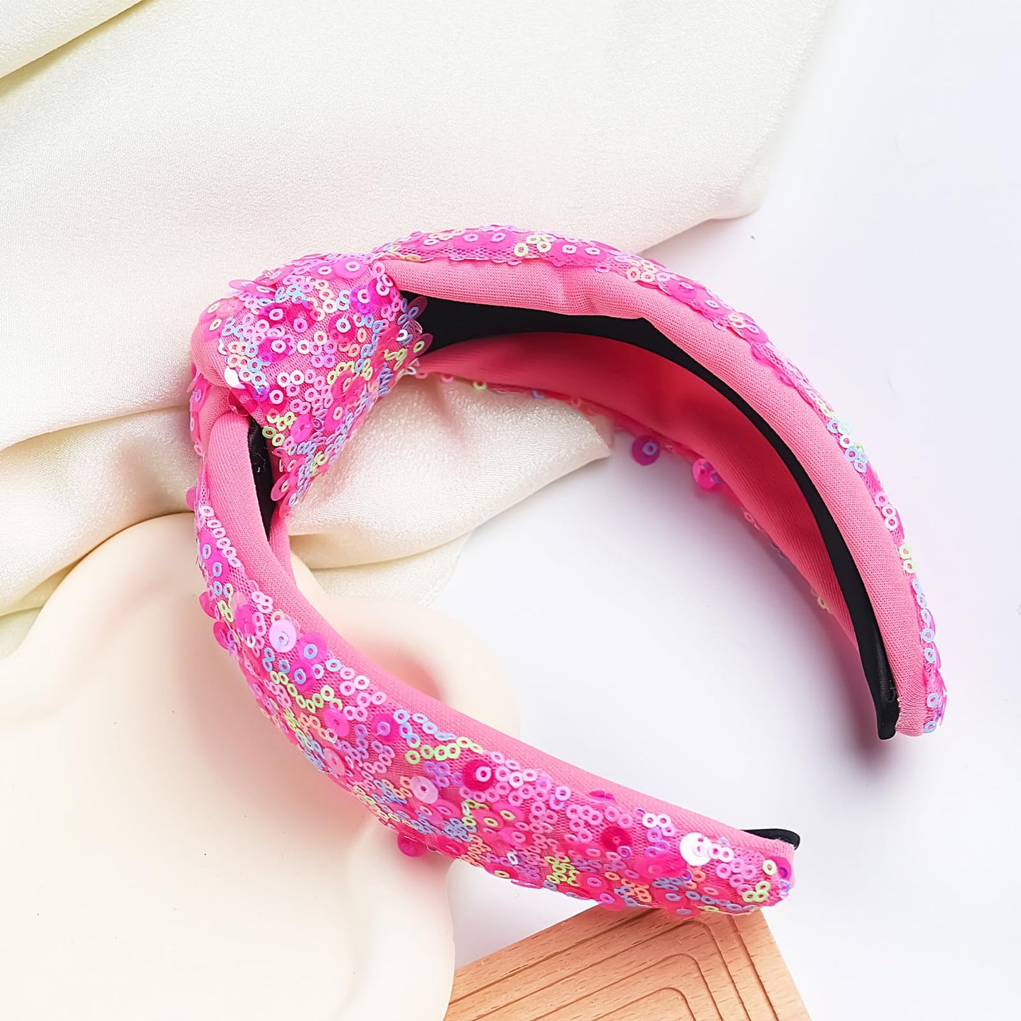 Doneace Sequin Knotted Headband for Women Girls Sparkly Pink Knotted Hairband Glitter Hair Hoop Fashion Hair Accessories for Costume Decorations Party Supplies 1PCS