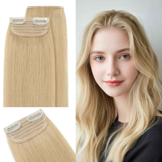 SEGO Clip in Hair Extensions for Women, 100% Remy Human Hair, Mini Hairpieces with 2 Clips, Short Extensions to Add Hair Volume, 2 Pcs, 10 Inches, 16/20/24/30/34g, Natural Blonde