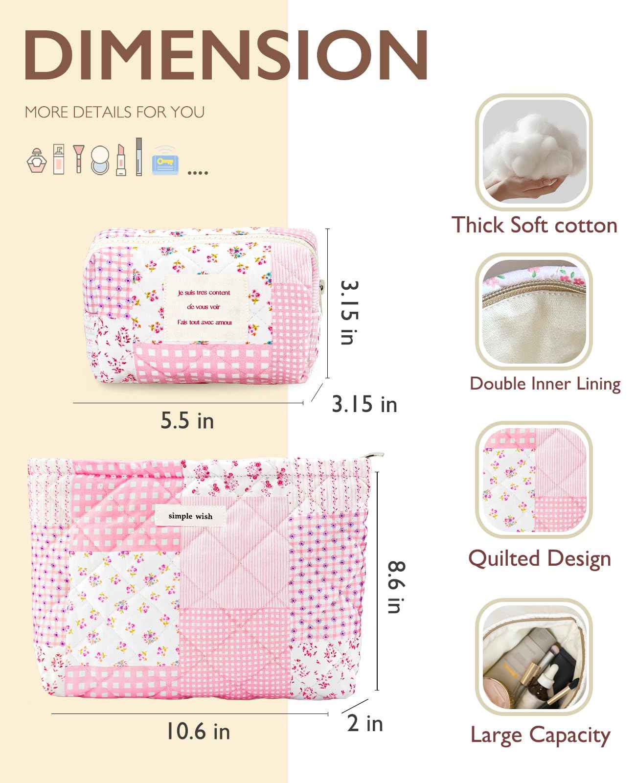 Sminra 2 Pieces Floral Makeup Bag, Cute Travel Quilted Cotton Small Cosmetic Bag Organizer, Coquette Aesthetic Preppy Pouch Purse Toiletry Bag for Women Girls accessories