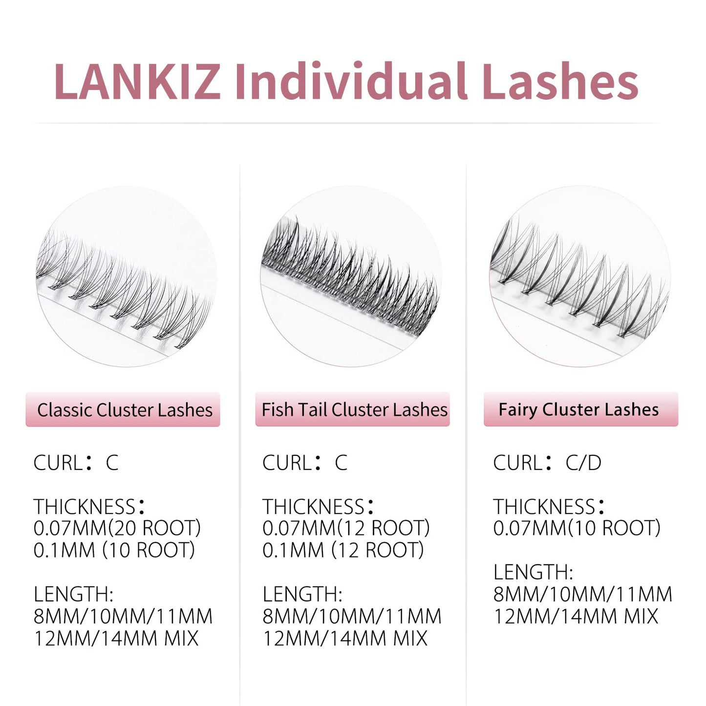 LANKIZ Individual Lashes Natural Cluster Lashes 10 Roots C Curl 0.1mm Thickness 8-14mm Mix Faux Mink DIY Individual Eyelashes