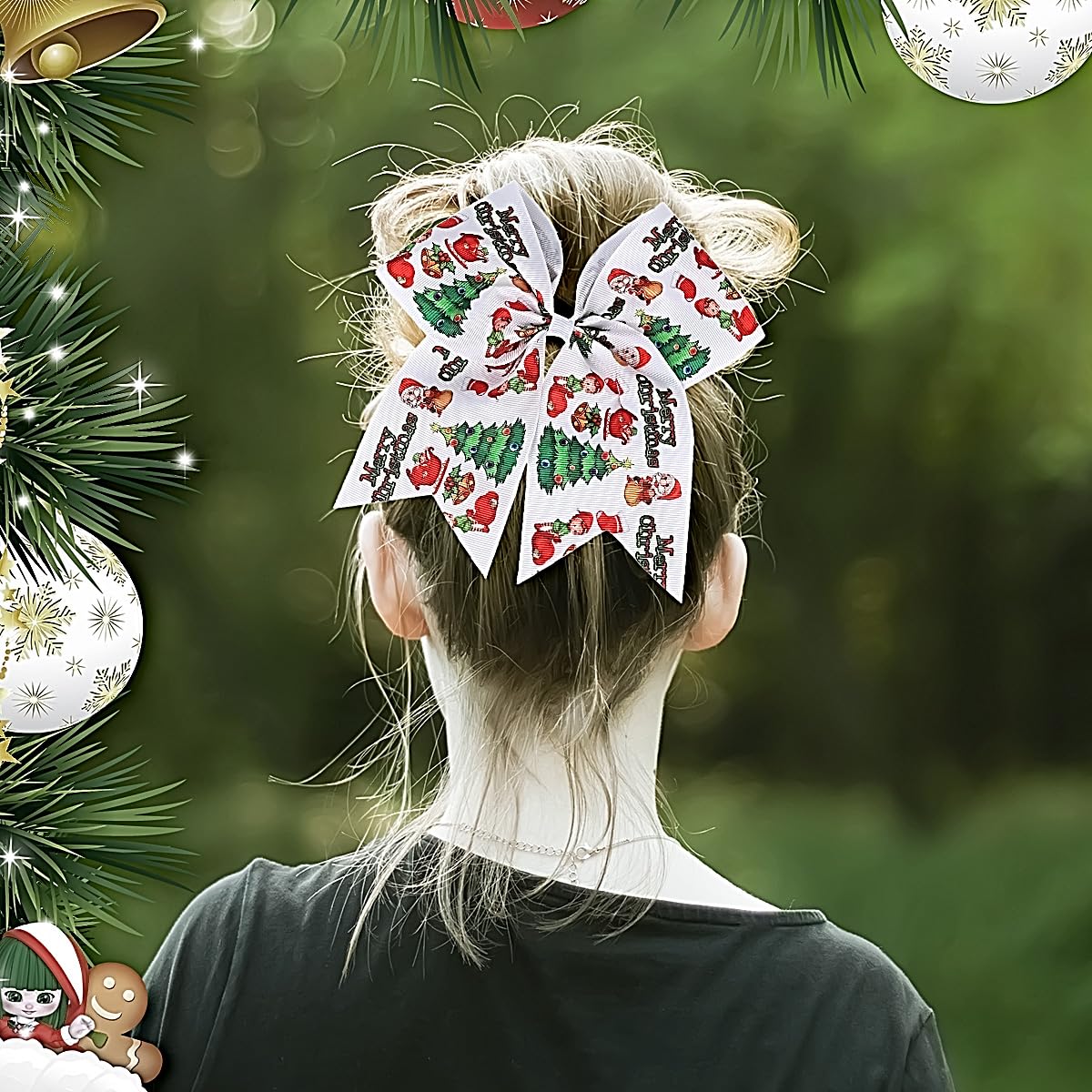 Christmas Cheer Hair Bows Hair Ties 7 Inch Large Santa Claus Christmas Tree Ribbon Bowknot Christmas Ponytail Holder Hair Ties Elastic Bands Cheerleader Decor Accessories for Women Xmas Party Gift