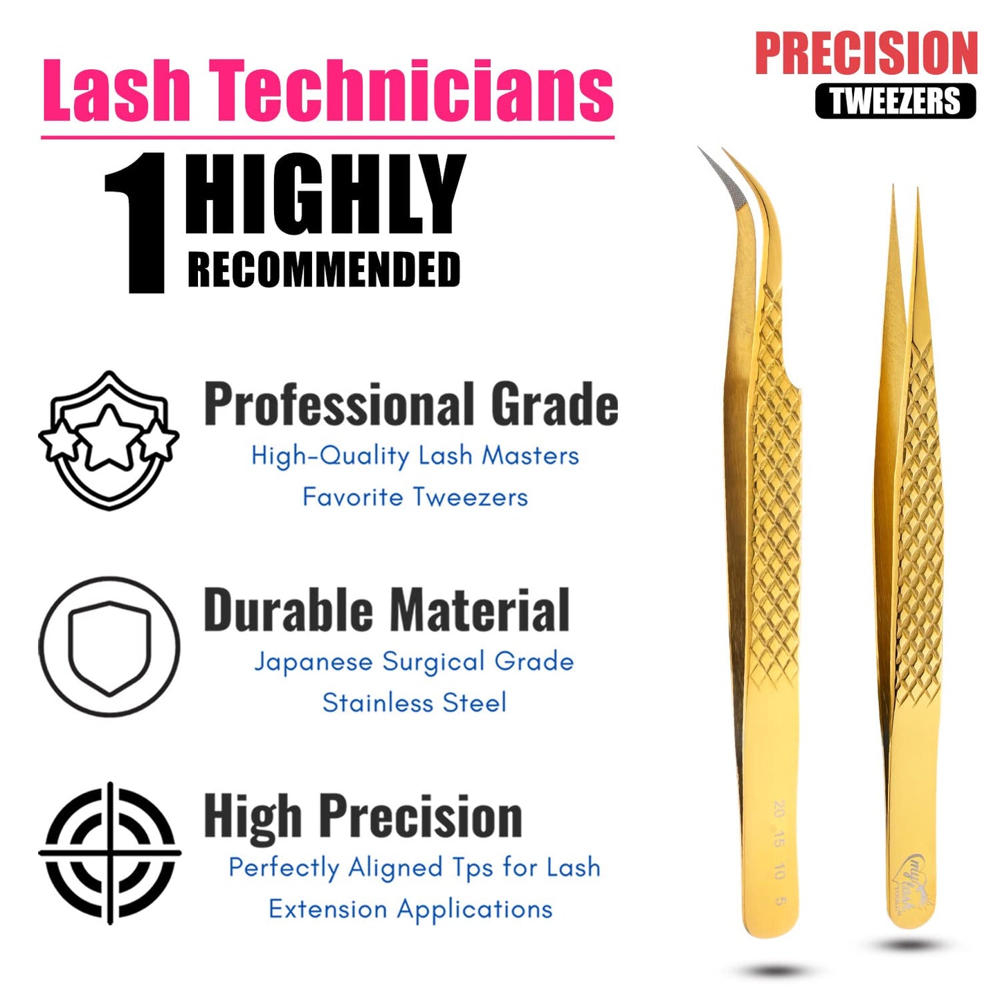 My Lash Tools - New Fiber Tip Lash Tweezers for Eyelash Extensions Tweezers SET OF 2 Mini Isolation & Microgrip Tip Curved Volume Tweezers Japanese Steel Lashing Tweezer (Gold)