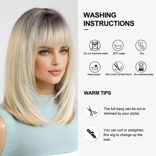 OUFEI Ombre Blonde Bob Wig With Bangs Short Straight Wig For Women Synthetic Hair Wigs for Daily Party Cosplay Wear