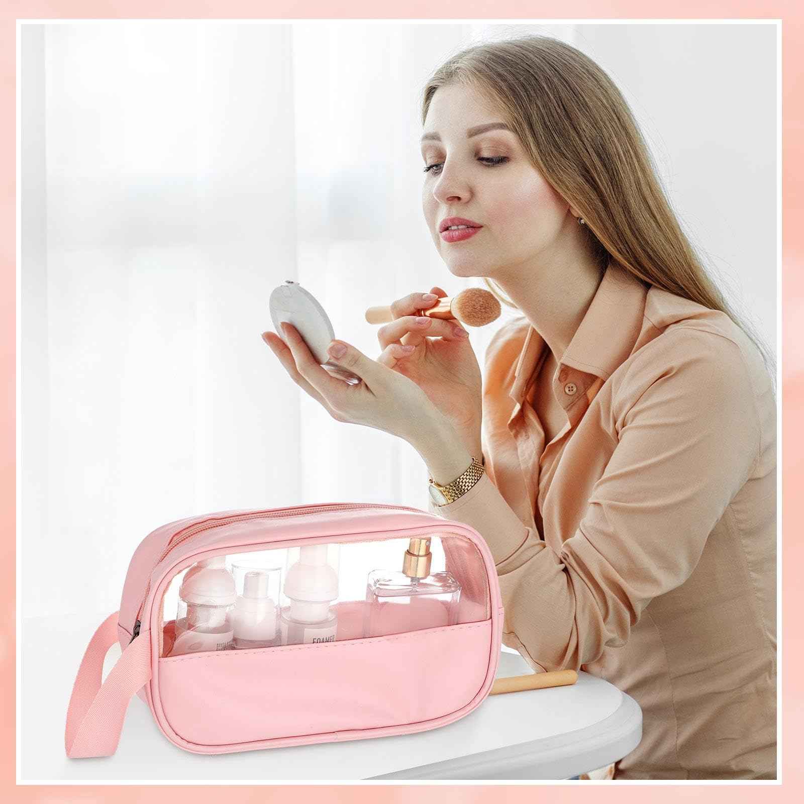 Tanlade 18 Pcs Clear Cosmetic Bags Bulk, Translucent Makeup Toiletry Bag for Women Waterproof Portable Cosmetic Bag Set Traveling Make up Organizer(Pink)