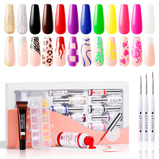 Gellen Liner Gel Nail Polish Set, 12 Colors Gel Nail Art Polish 10ml Nail Polish Gel Art Liners Soak off LED Cured Nail for Home Salon Art Supplies Kit