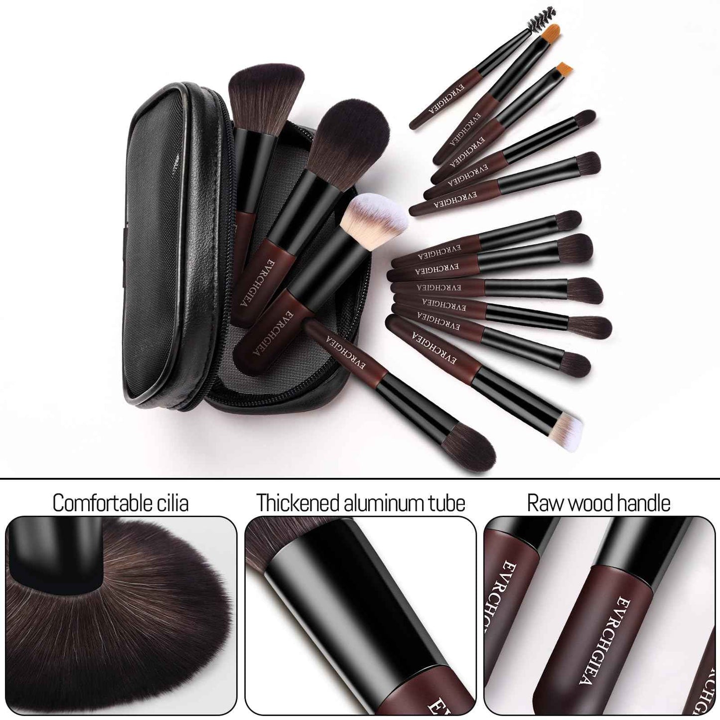 Travel Makeup Brush Set, 15 pcs Mini Makeup Brushes and 2 Puff for Foundation, Powder, Eyeshadow, Highlight, Contour, Blush & Concealer, Small Makeup Brush Set Purse Size with Case (black and brown)