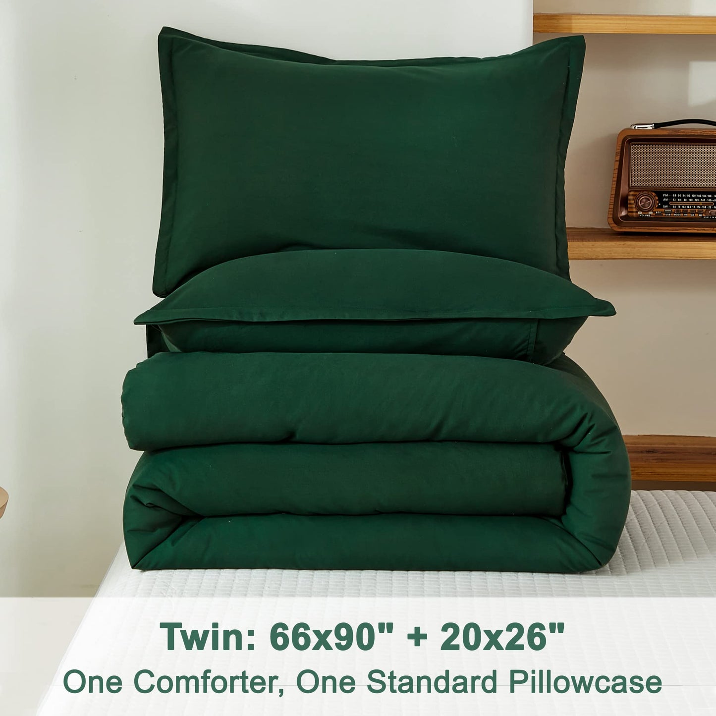 Litanika Dark Emerald Green Twin/Twin XL Comforter Set, 2 Pieces Solid Forest Bedding Set, All Season Fluffy Bed Set (66x90In Comforter & 1 Pillowcase)