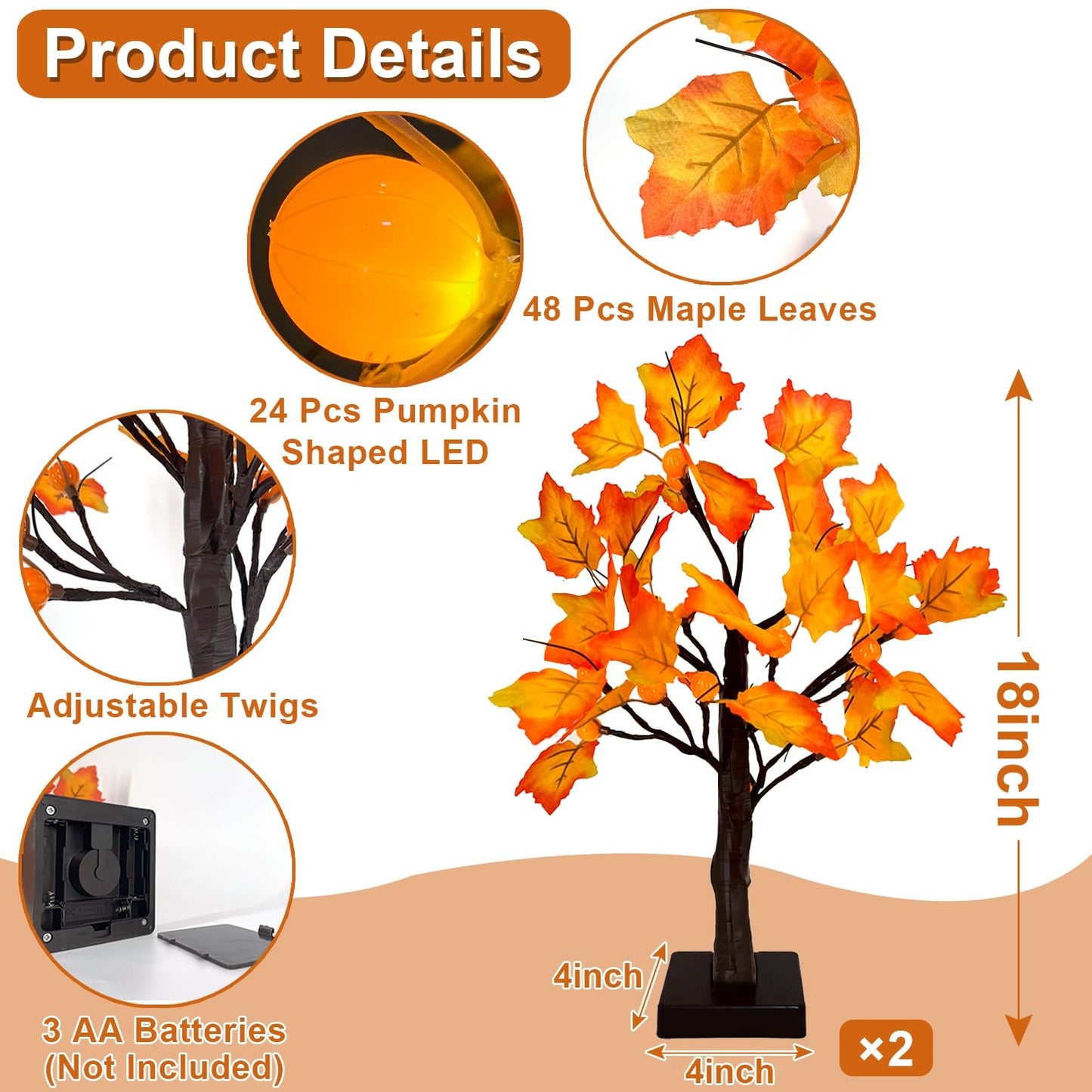 TURNMEON 18'' Fall Thanksgiving Lighted Maple Tree with Timer 24 Pumpkin Lights Battery Operated Lighted Artificial Maple Leaf Tree for Thanksgiving Decor Fall Autumn Harvest Home Tabletop Indoor