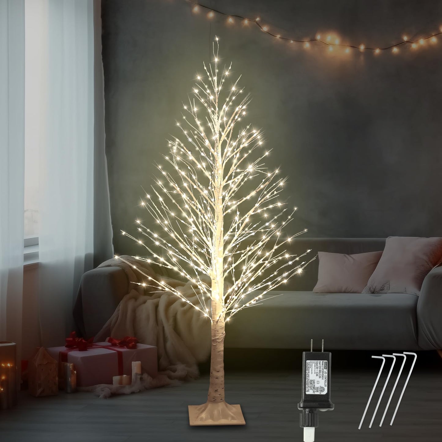 IJG 5FT Lighted Birch Tree with Twinkle Lights, 560 LED Warm White Lights with Timer, LED Lighted Christmas Tree for Indoor Outdoor Home Room Wedding Party Christmas Decorations