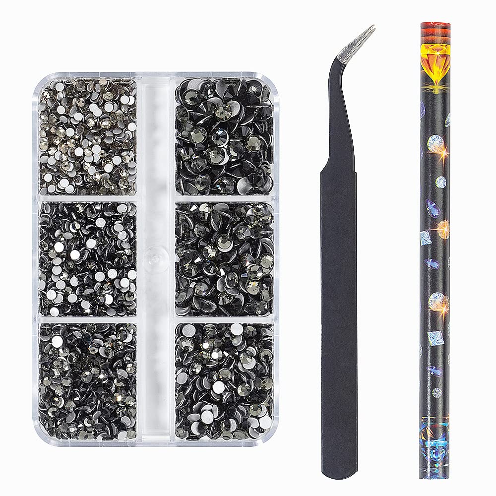 6Grids 3000Pcs Clear Flatback Rhinestones, Transparent Grey Nail Gems Crystals Jewels, Craft Glass Diamonds Bling Rhinestone with Tweezers and Picking Pen for Nail Face Makeup(1.8mm~4mm Crystal)