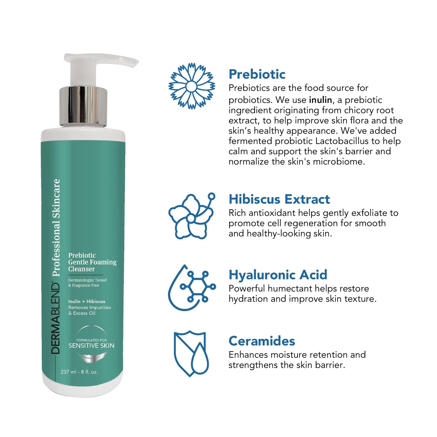 Dermablend Prebiotic Gentle Foaming Cleanser - 8 fl oz, Light Foam Cleanser Removes Makeup & Impurities, Prebiotic Inulin, Probiotics, & Hyaluronic Acid, Ideal for Sensitive Skin, Fragrance-Free