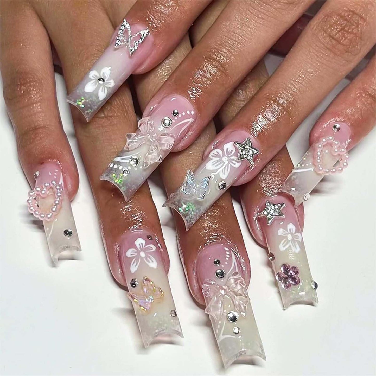 Long Square Press on Nails Ombre Pink Fake Nails with 3D Bow Heart Rhinestone Design Flower Acrylic Nails Glitter French Tip Glue on Nails Glossy Full Cover Artificial Nails for Women Girls 24Pcs