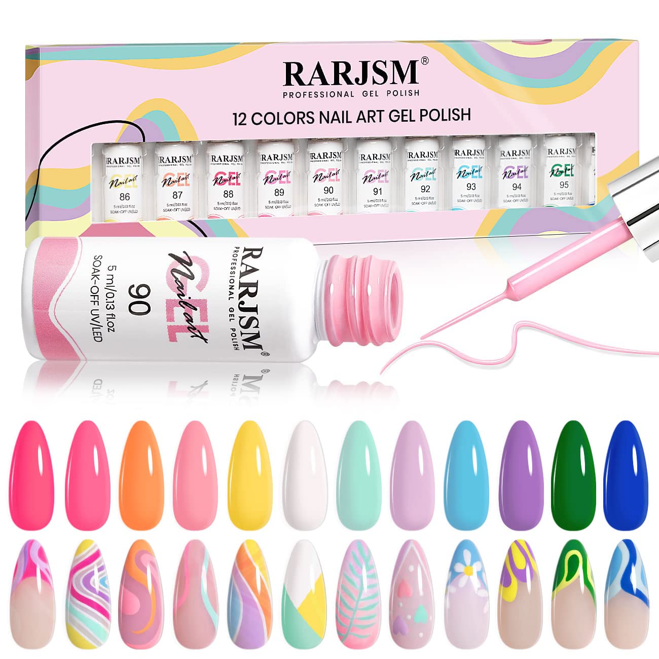 RARJSM Gel Liner Nail Art Polish Set,12 Colors Candy Pastel Painting Gel Spring Summer Line Art Gel Built in Thin Skinny Nail Art Brush Soak Off Curing Needed 5ml for Home Salon Nail Design