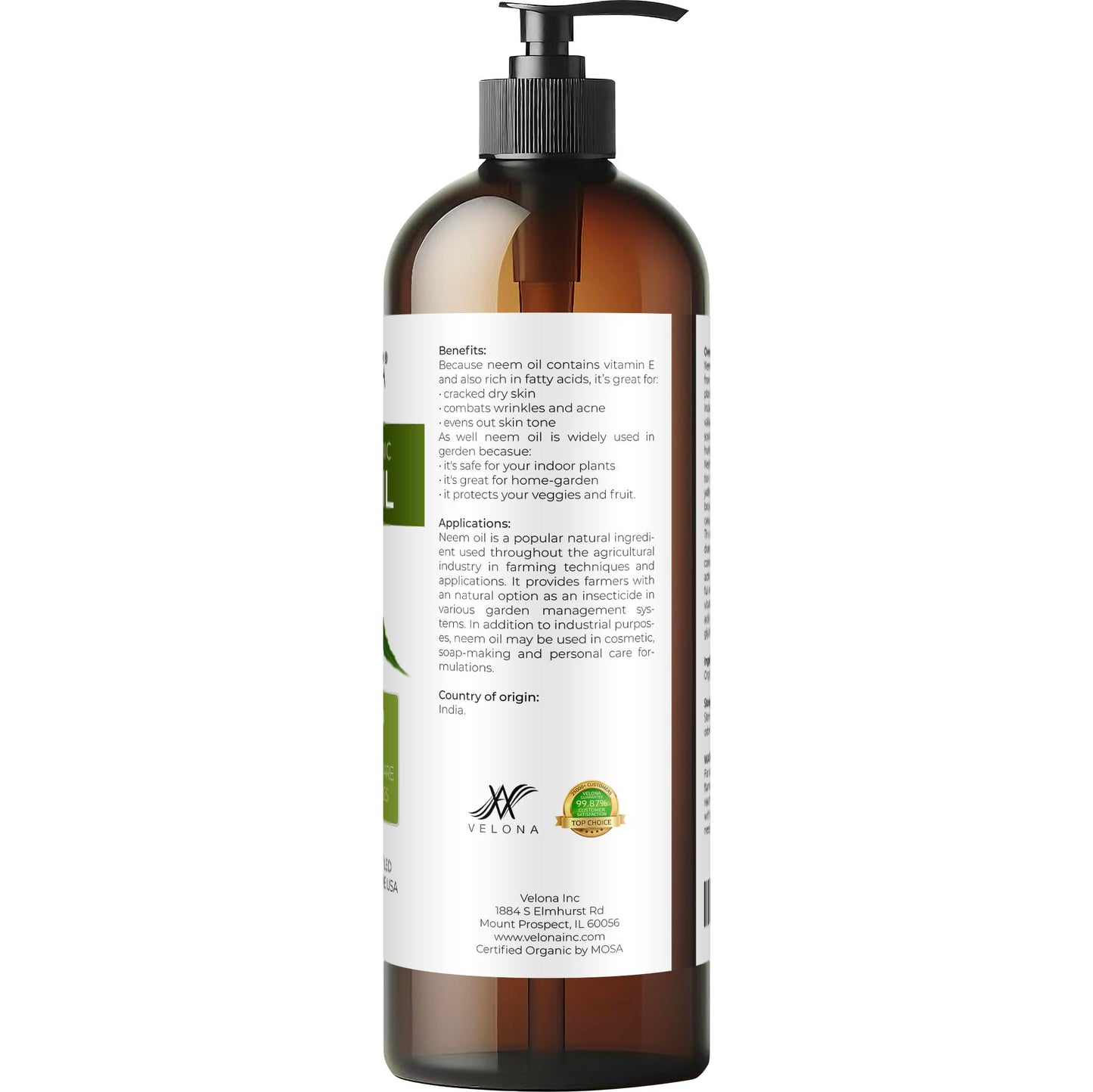 velona Neem Oil USDA Certified Organic - 16 fl oz | 100% Pure and Natural Carrier Oil | Virgin, Unrefined, Cold Pressed | Hair, Body and Skin Care | Use Today - Enjoy Results