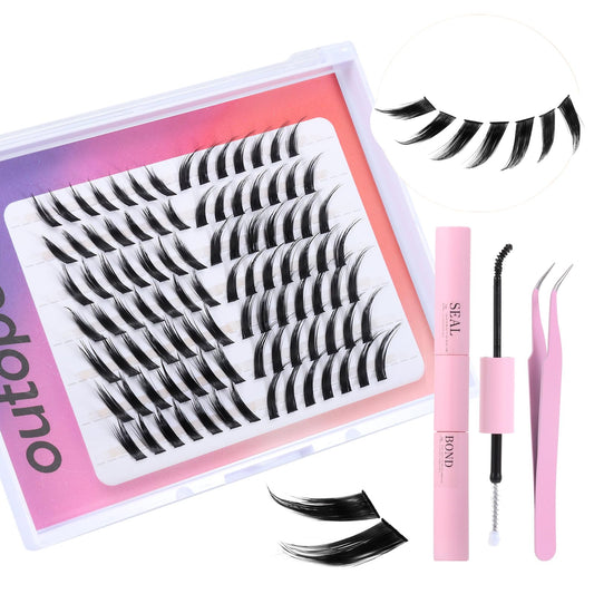 outopen Fox Eye Makeup Effect Lashes Extension Kit C Curl Cat Eye Eyelash Clusters With Tweezer And Glue, 12-16mm DIY Individual Cluster Eyelash Extension Kit (B-Black)