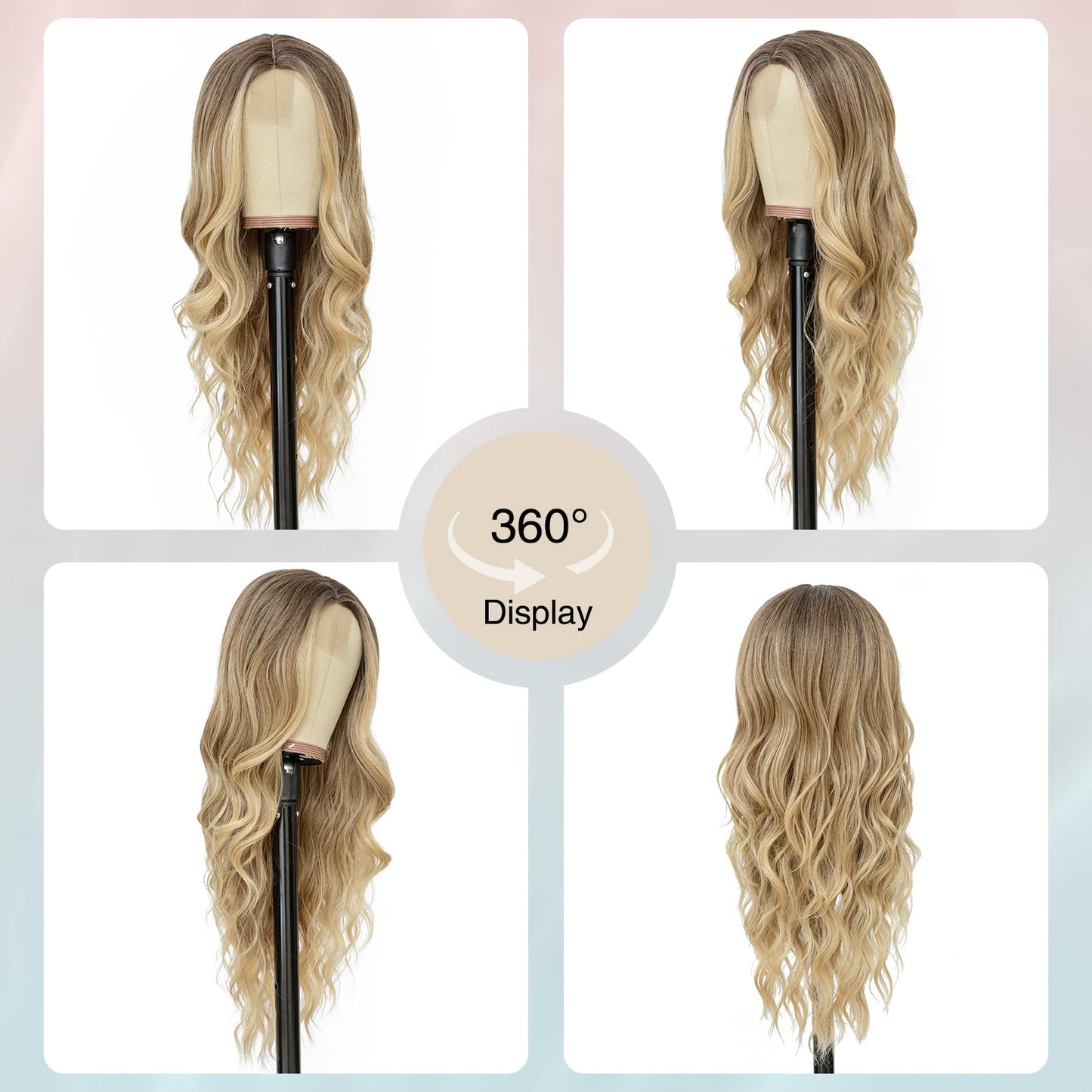 VERNA Long Blonde Wavy Wig for Women, 26 Inch Super Soft Long Blonde Wigs, Natural Looking Ombre Blonde Hair Wig, Heat Resistant Synthetic Wig, Middle Part Blonde Curly wigs for Daily Party Use