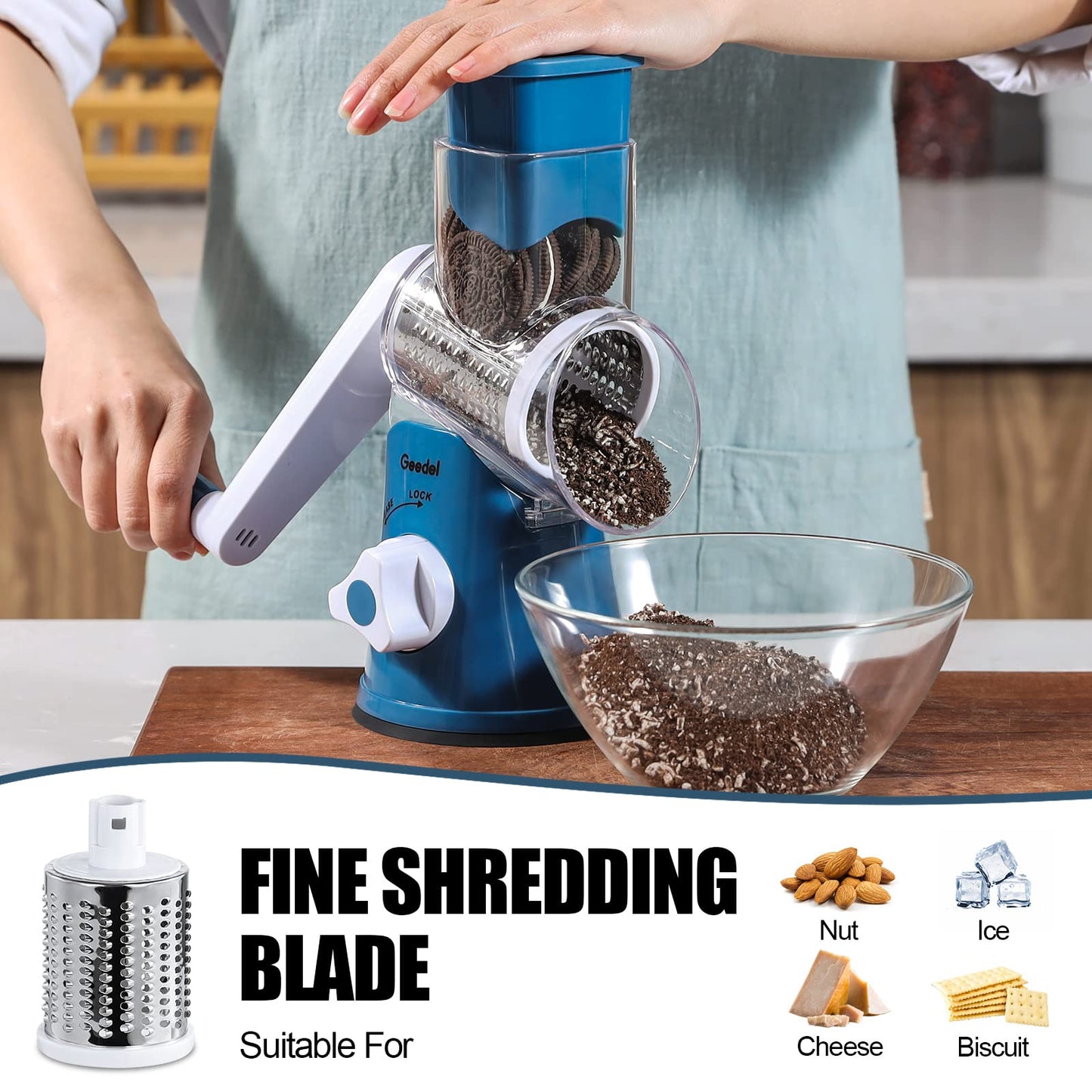 Geedel Rotary Cheese Grater, Kitchen Mandoline Vegetable Slicer with 3 Interchangeable Blades, Easy to Clean Rotary Grater Slicer for Fruit, Vegetables, Nuts