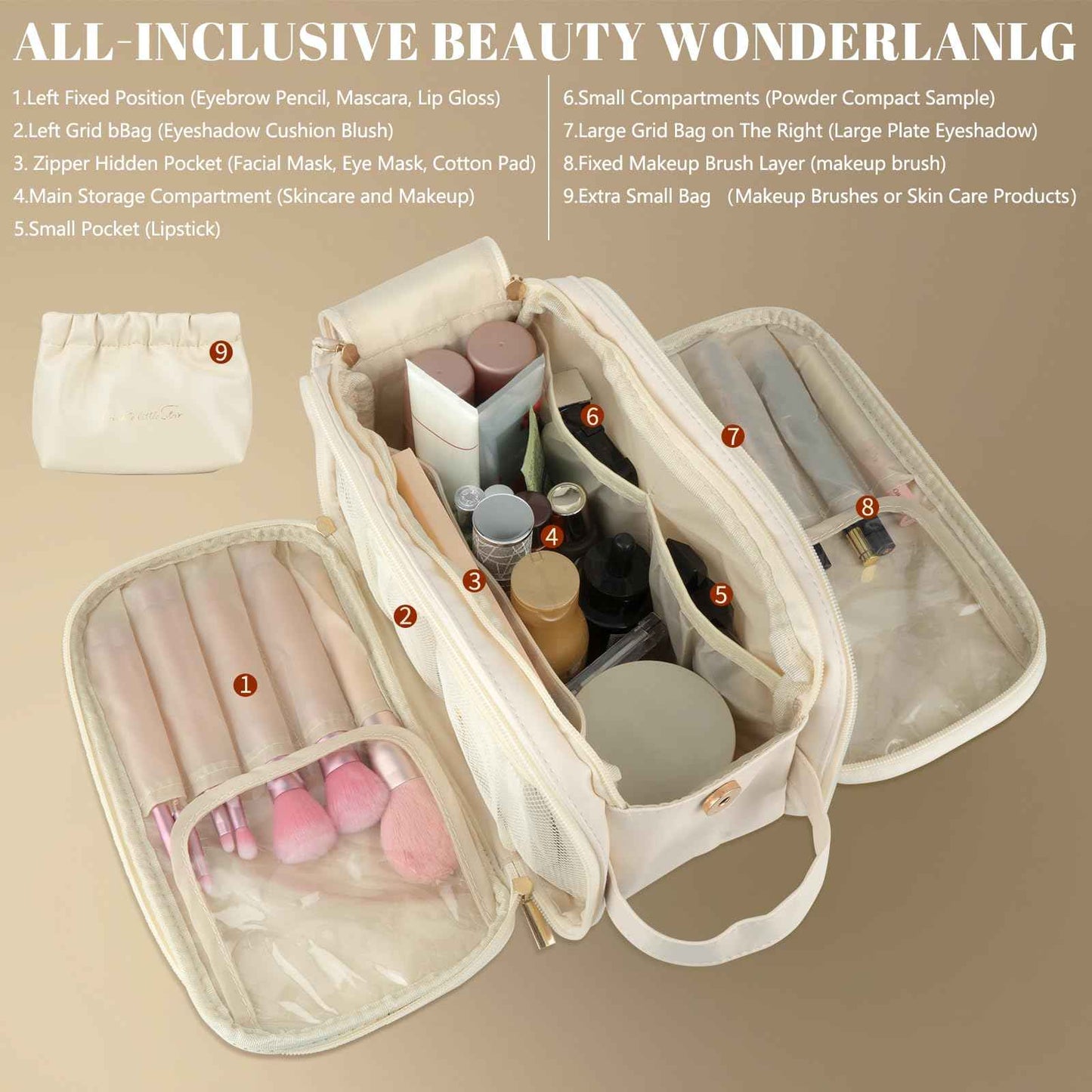 KEYPOWER Travel Makeup Bag Toiletry Bag Large Capacity Cosmetic Portable Waterproof Large Opening Vertical Free-Standing & Small Clutch for Women (White)